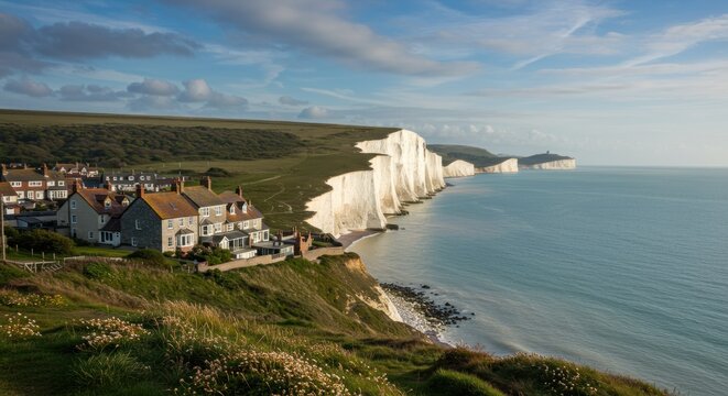 Coastal village beside white chalk cliffs overlooking the sea
