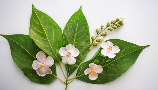elegant macro composition of vivid brahmi leaves and delicate flowers on an isolated minimalistic background with copy space