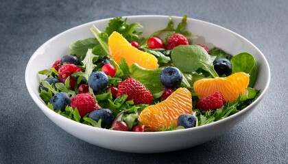 colorful salad greens berries and orange segments in white bowl on grey background
