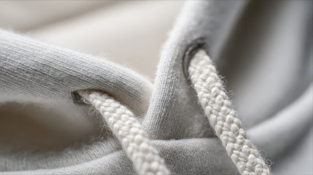 Close-up of a white hoodie drawstring and fabric texture.