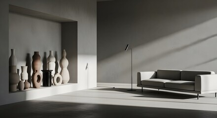 Modern Living Room Interior with Sculptural Vases and Minimalist Sofa Bathed in Dramatic Sunlight and Shadows