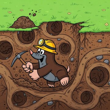 Cartoon mole digging underground tunnels. Funny critter miner wearing hard hat with pickaxe. Pest control concept.