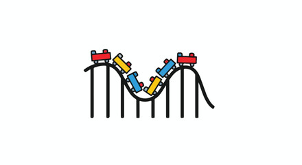 Stylized Roller Coaster Illustration with Cars on a Track with Dramatic Highs and Lows Showing Entertainment Ride 150
