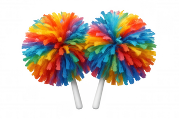 Two vibrant rainbow pompoms with white handles are isolated on a transparent background, ready for cheering and celebration
