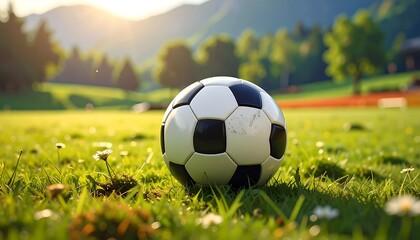 Fototapeta premium A soccer ball rests on a grassy field, bathed in sunlight, with a blurred background of lush greenery and hills.