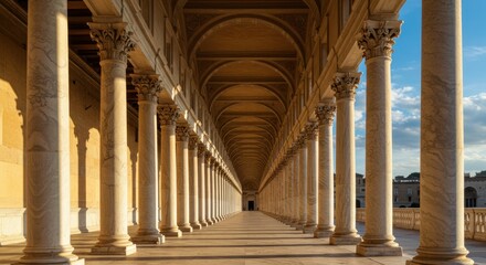 A long arched colonnade with marble columns and intricate capitals