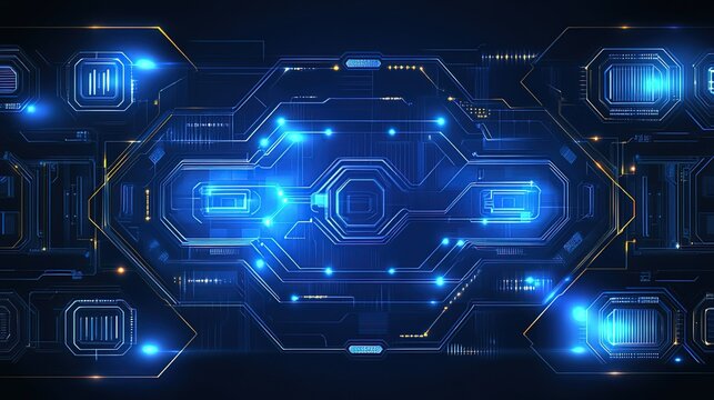 High - Tech Digital Circuit Board Background with Blue and Yellow Glowing Elements