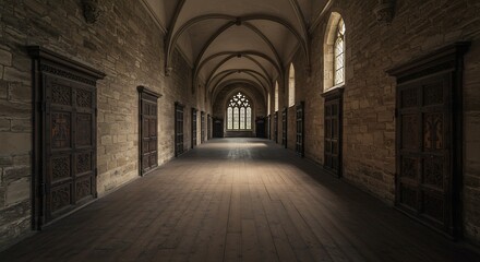 Empty square room with Ancient corridor with doors in an old house, castle, monastery. Vintage interior