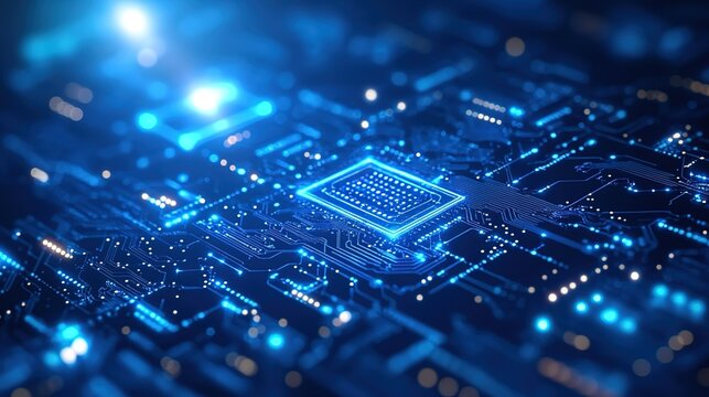 Close - up of Glowing Blue Circuit Board with Central Chip