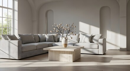 Modern Living Room with Light Grey Sectional Sofa and Textured Coffee Table Bathed in Natural Sunlight