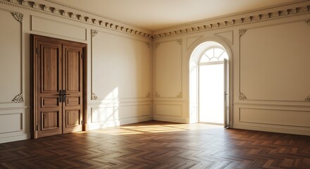Empty square room with Neoclassical interior design. Luxury living room with wooden doors