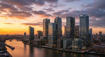 Fototapeta premium Towering skyscrapers line a river at sunset with dramatic clouds