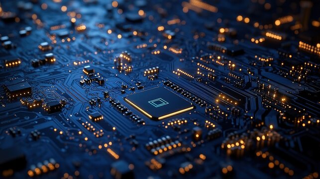 Close - up of a Circuit Board with Illuminated Components and Central Chip