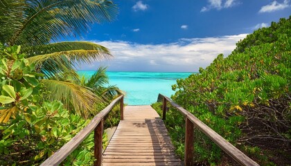 Fototapeta premium wooden walkway leading to a turquoise ocean through tropical vegetation