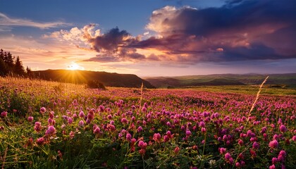 Obraz premium red clover meadow at sunset a serene landscape of wildflowers under a dramatic sky bathed in the golden light of dusk