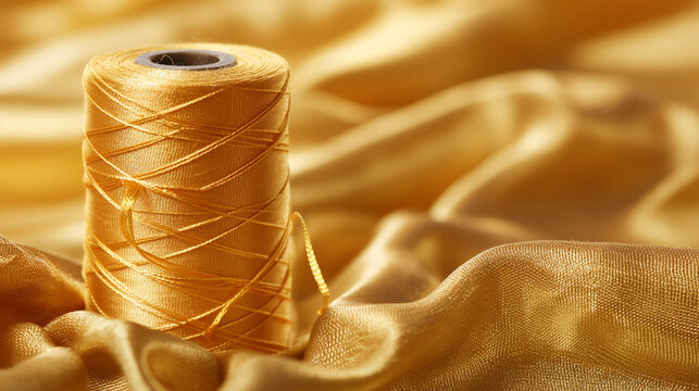 Carretel dourado com dedal em tecido brilhante