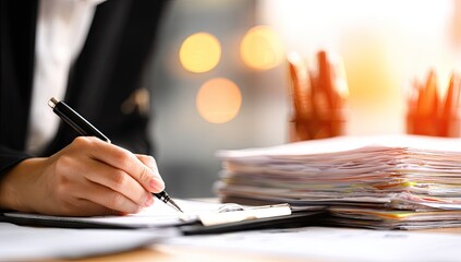 A person's hand holding a pen and writing on documents, surrounded by papers, in a professional setting. The image exhibits a calm and focused mood, with soft lighting and a slight warmth.