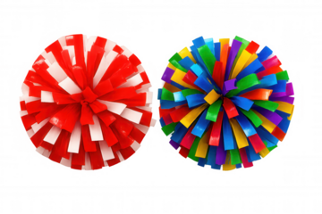 Vibrant red-white and multicolored pompoms positioned dramatically, highlighting cheerleading energy against crisp transparent backdrop