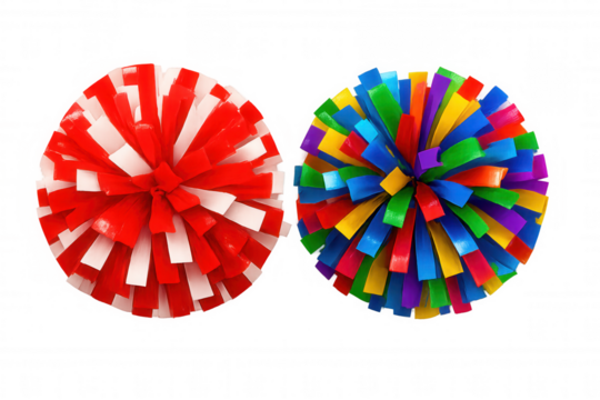Vibrant red-white and multicolored pompoms positioned dramatically, highlighting cheerleading energy against crisp transparent backdrop