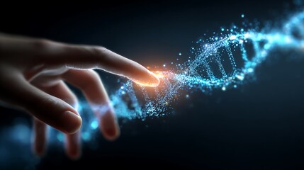 Human touch interacting with a digital representation of a DNA molecule structure