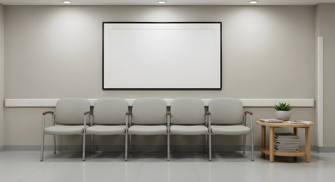 A clean and contemporary waiting area, featuring a line of comfortable chairs, a side table with reading materials, and a large blank display ideal for informational or decorative content.