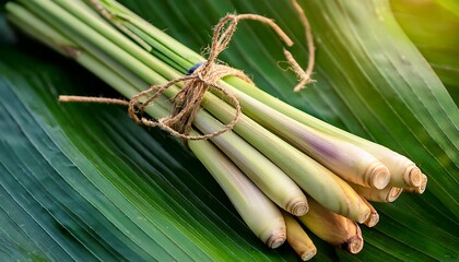 closeup of fresh lemongrass bundle tied with twine on a vibrant green leaf backdrop