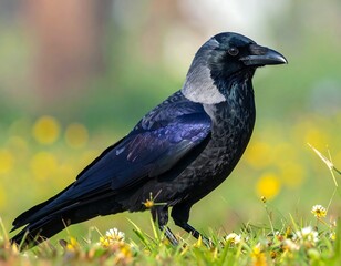 Obraz premium Close-up of a crow, displaying iridescent plumage, with a blurred background of vibrant yellow flowers and green grass.