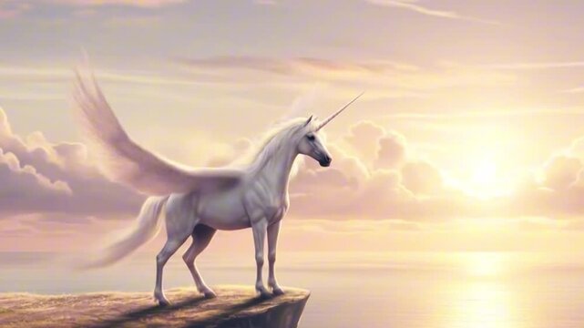 White winged unicorn atop a cliff with a sunrise backdrop