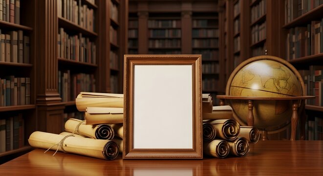 A blank, ornate picture frame rests on a wooden table surrounded by aged scrolls and a vintage globe, set against a backdrop of towering bookshelves filled with countless books in a dimly lit library.