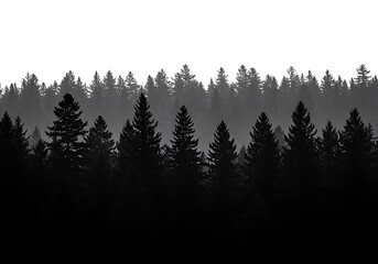 Silhouette of a dense forest with tall trees in black and white style