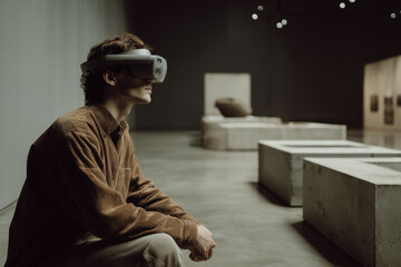 designer is immersed in overlaying d project into real space analyzing interaction of d models with physical