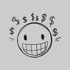 A hand-drawn doodle of a smiley face with dollar signs radiating around its head, symbolizing wealth and happiness.
