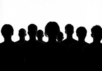 Silhouette of a crowd of people isolated on white background in the dark