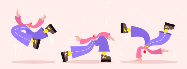 Young woman in dynamic funny dance poses. Jump, handstand. Cartoon style character. Flat vector illustration.