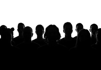Silhouette of a crowd of people isolated on white background in black and white