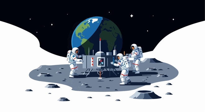 Astronauts on the moon exploring space with earth in the background mission and space exploration art vector