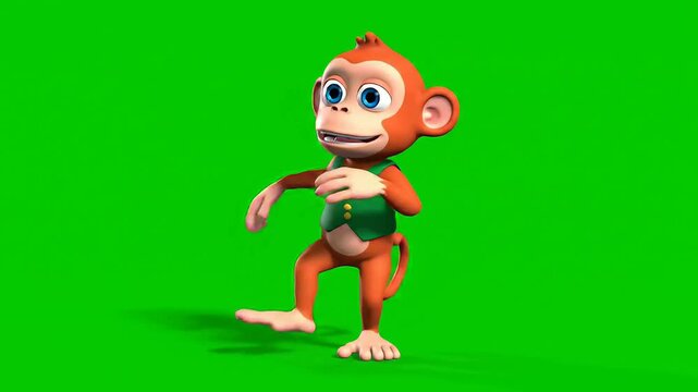 A cheerful orange monkey wearing a green shirt dances playfully on a bright green background in a fun and lively monkey dance performance