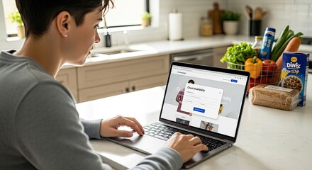 A person using a laptop in a kitchen with fresh produce and a Dole logo.