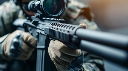 Fototapeta premium Close up macro of soldier hands cleaning weapon system barrel with maintenance kit.