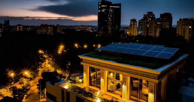 Exterior evening shot of a research pavilion roofed with integrated solar tiles and a rooftop test garden where students collect samples  slow drone pull-away