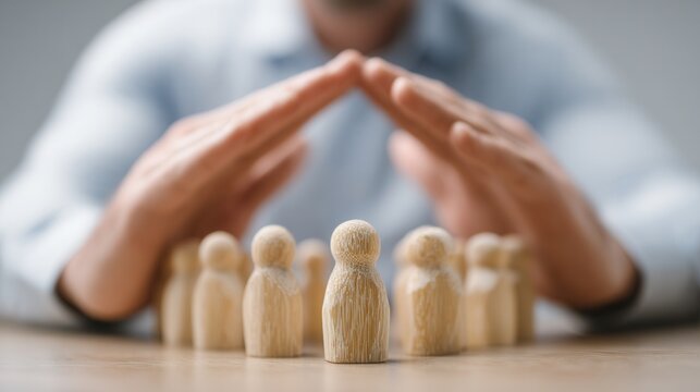 A person in a light blue shirt forms a protective arch with hands over wooden figurines on a table, symbolizing care, safety, or leadership.