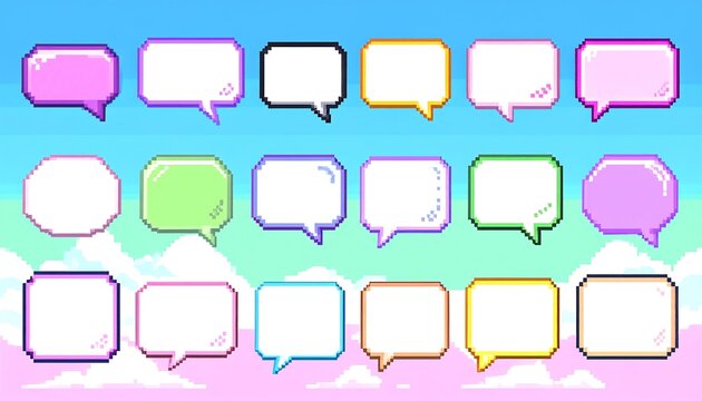 Pixel art speech bubbles in various colors