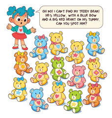 Cute visual puzzle for kids. Help the girl find her missing teddy bear. He yellow with a blue bow and a red heart. A fun and colorful activity for attention and logic development.