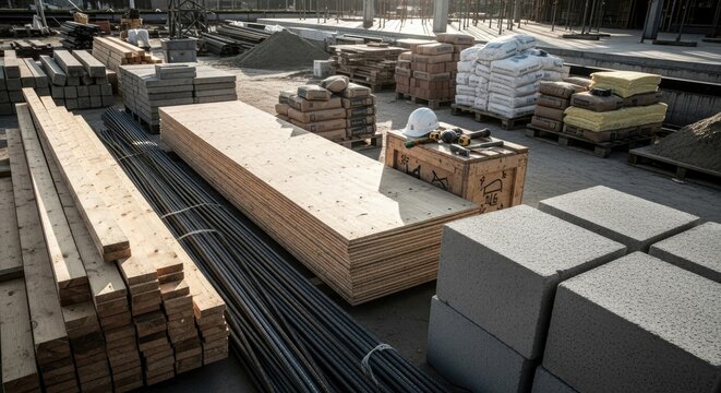 A construction site with wooden planks, concrete blocks, and steel rebar on a concrete floor.
