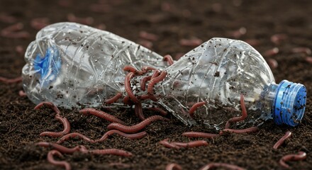 Earthworms crawling over a crushed plastic water bottle in soil