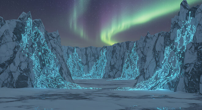 Futuristic digital aurora illuminates icy canyons under starry Arctic sky - Powered by Adobe