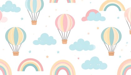 A whimsical pattern features pastel hot air balloons, fluffy clouds, and vibrant rainbows against a white background.