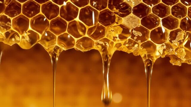 Honeycomb brimming with glistening honey some dripping downwards