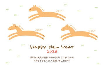 走る3頭の馬の手描きのかわいい年賀状テンプレート　2026 草原