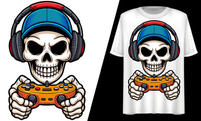 Gamer Skull with Headphones Controller, T-Shirt Design.